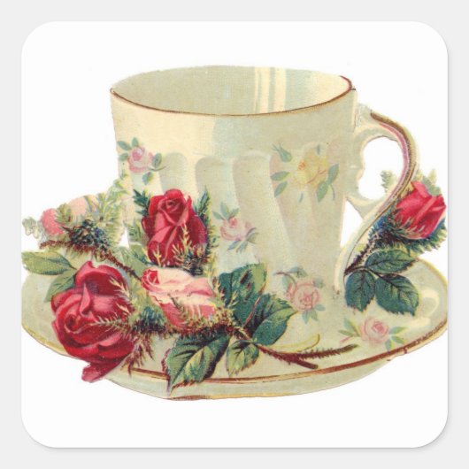 Vintage Teacup en Rozen Sticker (Voorkant)