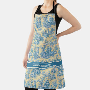 Vintage Teal Gele Franse Toile de Jouy Schort