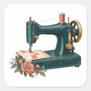 Vintage Teal Naaimachine met Roos Bloemen Vierkante Sticker