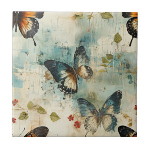 Vintage Teal Oranje Vlinder Botanisch Tegeltje