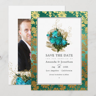 Vintage Teal - Turquoise en Gouden Bloem Bruiloft Save The Date