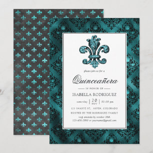 Vintage Teal - Turquoise Fleur de Lis Quinceañera Kaart