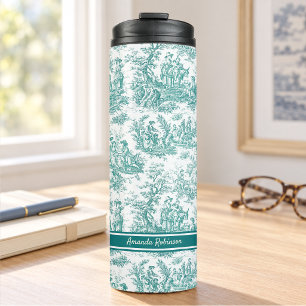 Vintage Teal Turquoise Franse Toile de Jouy Thermosbeker