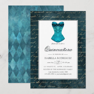 Vintage Teal - Turquoise Masquerade Quinceañera Kaart