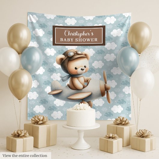 Vintage teddybeer piloot babyshower fotobanner wandkleed