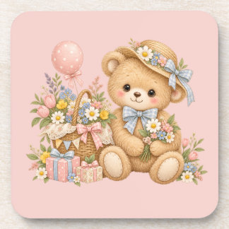 Vintage Teddybeer Viering met Wilde Bloemen Bier Onderzetter