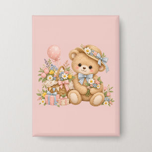 Vintage Teddybeer Viering met Wilde Bloemen Button