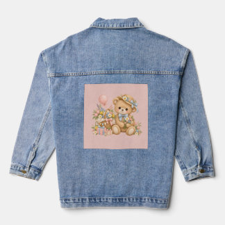Vintage Teddybeer Viering met Wilde Bloemen Denim Jacket