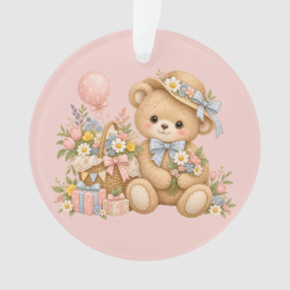 Vintage Teddybeer Viering met Wilde Bloemen Ornament
