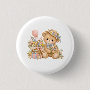 Vintage Teddybeer Viering met Wilde Bloemen  Ronde Button 3,2 Cm