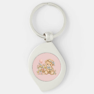 Vintage Teddybeer Viering met Wilde Bloemen Sleutelhanger