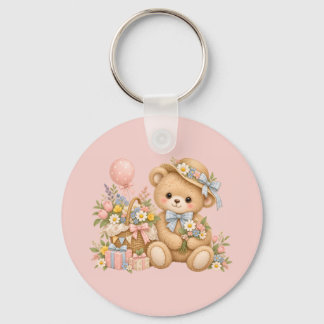 Vintage Teddybeer Viering met Wilde Bloemen Sleutelhanger