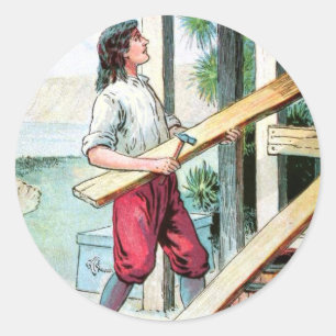 Vintage Tekening: De bouw van een Cabine Ronde Sticker