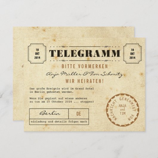 Vintage Telegramme Save the Date (Devant / Derrière)