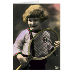 Vintage tennissport, gelukkig meisje met racket