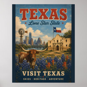 Vintage Texas-reisposter met Longhorn en Lone Poster