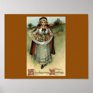 Vintage Thanksgiving Briefkaart Pilgrim Woman Post Poster