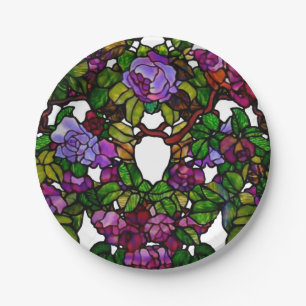 Vintage Tiffany Glas in lood, Paarse Rozen Papieren Bordje