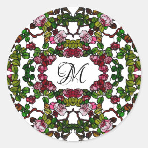Vintage Tiffany Glas in lood Roze en rode rozen Ronde Sticker