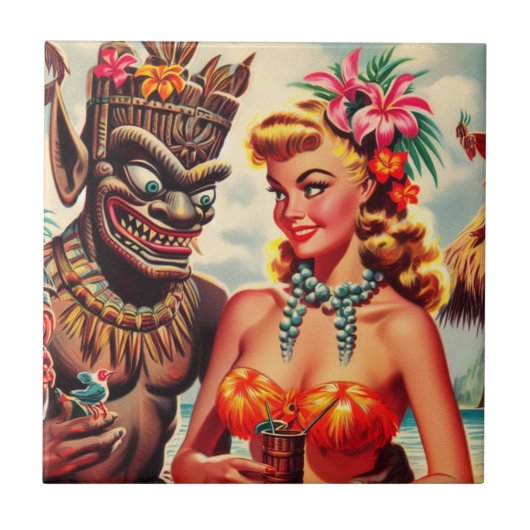 Vintage Tiki Pin-up Tegeltje (Voorkant)