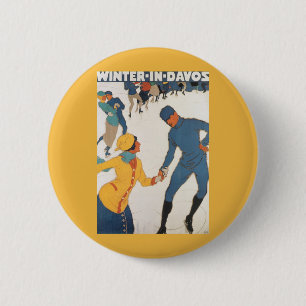 Vintage Travel, Art Deco, Winter Davos Zwitserland Ronde Button 5,7 Cm
