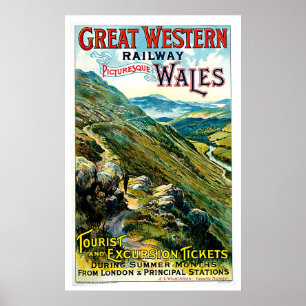 Vintage Travel Art uit de Westerne Spoorweg Wales Poster