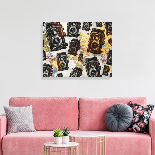 Vintage Travel Camera Patroon Canvas Afdruk (Insitu (Woonkamer))