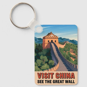 Vintage Travel China Grote Muur Retro Landschap Sleutelhanger