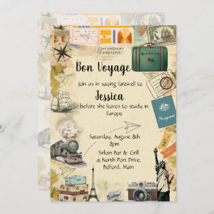 Vintage Travel Collage Bon Voyage Party uitnodigin Bedankkaart