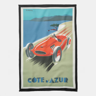Vintage Travel Cote d'Azur France Red Race Car Theedoek