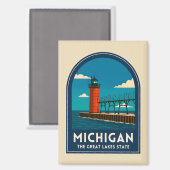 Vintage Travel Michigan Lighthouse Retro Scenic Magneet (Voorkant / Achterkant)