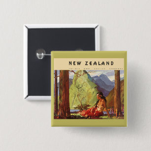 Vintage Travel, Nieuw-Zeeland Landscape Native Wom Vierkante Button 5,1 Cm
