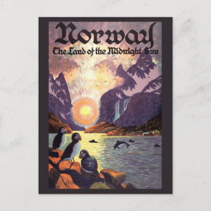 Vintage Travel, Noorwegen Fjord Land Midnight Sun Briefkaart