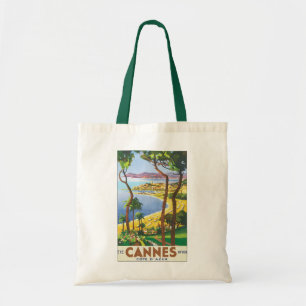 Vintage Travel Poster, Beach in Cannes, Frankrijk Tote Bag