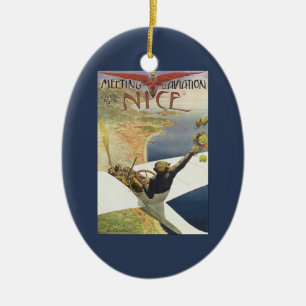 Vintage Travel Poster, vliegtuig boven Nice Frankr Keramisch Ornament