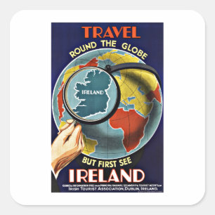 Vintage Travel round the Wereldbol See Ireland Vierkante Sticker