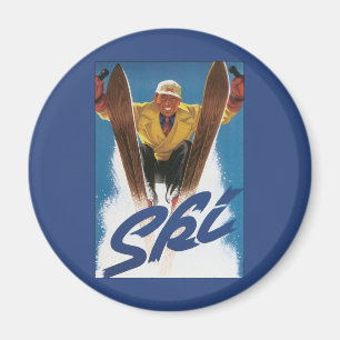 Vintage Travel, Sportskier Skiing in wintersneeuw Magneet