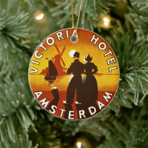 Vintage Travel, Victoria Hotel, Amsterdam, Holland Keramisch Ornament