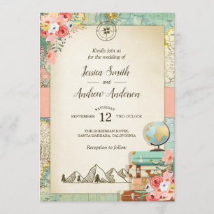 Vintage Travel Wedding Invitation Rustic map Boho Kaart