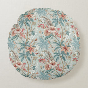 Vintage Tropisch Bloemmotief met Kust Elegantie Rond Kussen