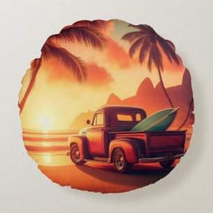 vintage tropische/Hawaiiaanse surftruck Rond Kussen