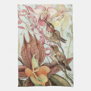Vintage Tropische Orchideeën, Bloemen en Kolibries Theedoek