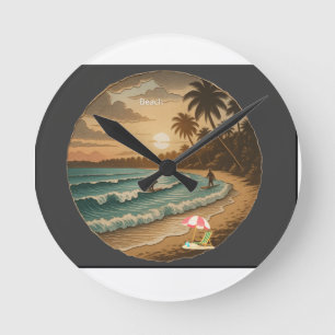 Vintage Tropische Strand Zonsondergang Ronde Wandk Klok