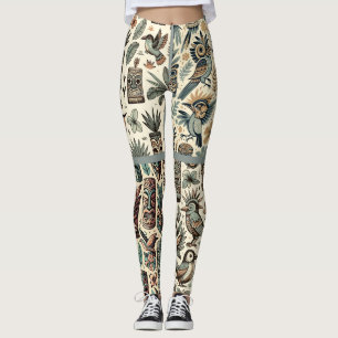 Vintage Tropische Tiki Maskers en Vogels Grijs Gro Leggings