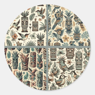 Vintage Tropische Tiki Maskers en Vogels Grijs Gro Ronde Sticker