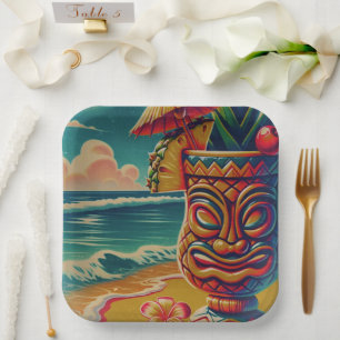 Vintage Tropische Tiki Paraplu Drink Luau Feest Papieren Bordje