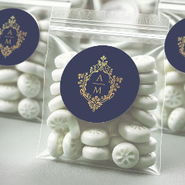 Vintage trouwmonogram Wapen Navyblauw Nepgoud Ronde Sticker