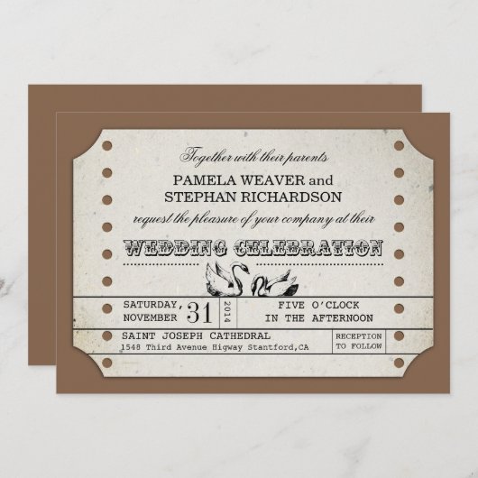 VINTAGE TROUWTICKET TYPOGRAFISCHE UITNODIGINGEN (Voorkant / Achterkant)