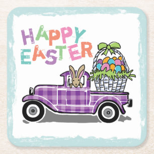 Vintage Truck Paars Gingham Happy Paashes Vierkante Kartonnen Onderzetter