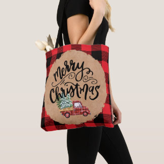 Vintage Truck Script Christmas Buffalo Plaid Tote Draagtas